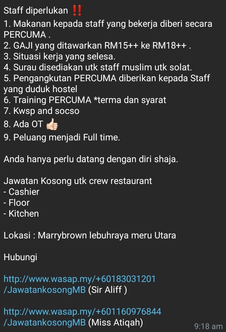 MohKeIpoh's tweet photo. Kerja kosong di Marrybrown Lebuhraya Meru Utara, Ipoh https://t.co/71j0jcj1Wm