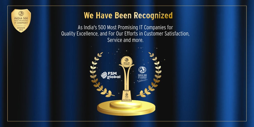 FsmGlobal's tweet photo. We are glad to announce that we have won the India 500 Most Promising IT Company Award 2022 for Quality Excellence, and parameters like Customer Satisfaction!

Visit our website at https://t.co/UQ5K5ZPLNt

#fsmglobal #awards #winner #itcompanies #MostPromising #top500 #awards https://t.co/ENHyUhKNGt