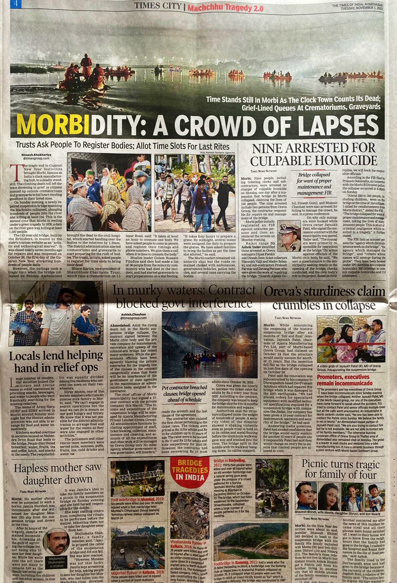 Morbidity: A crowd of lapses, @TOIAhmedabad did a detailed coverage of #MorbiBridgeCollapse. Reading stories of families,of mothers, of fathers who lost their loved ones makes you numb. Locals of Morbi deserve applause for joining in rescue effort and for providing support.