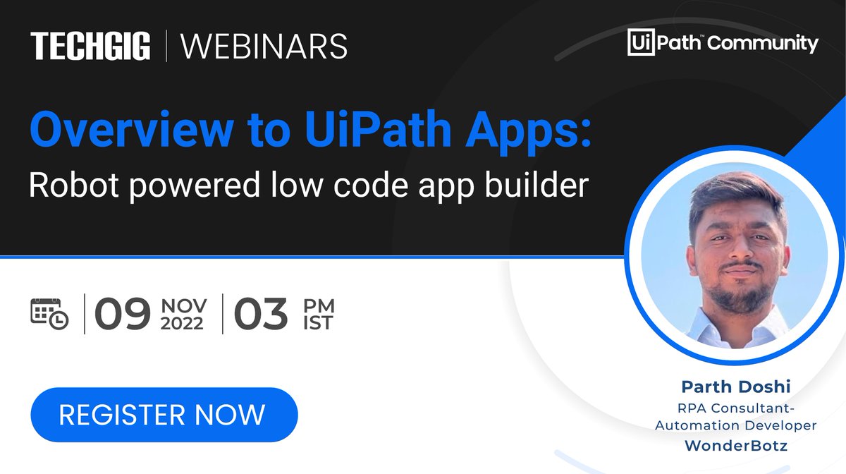 ETTechGig's tweet photo. Join our speaker Parth Doshi, RPA Consultant- Automation Developer, WonderBotz for a #webinar session & explore all about #UiPathApps products, their features and examples of industry use cases that can be automated using apps ➡️ https://t.co/tD10K5MMlY. Register Now!
#TechGig https://t.co/I3gqoKcpqr