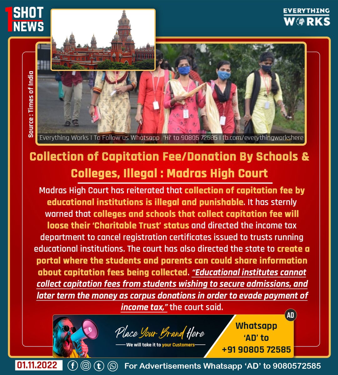 HereWorks's tweet photo. Collection of Capitation Fee/Donation By Schools & Colleges, Illegal : Madras High Court.
#1ShotNews | #College | #School | #CapitationFee | #Donation | #Tamilnadu | #TamilnaduNews https://t.co/scjZ9tcBe8