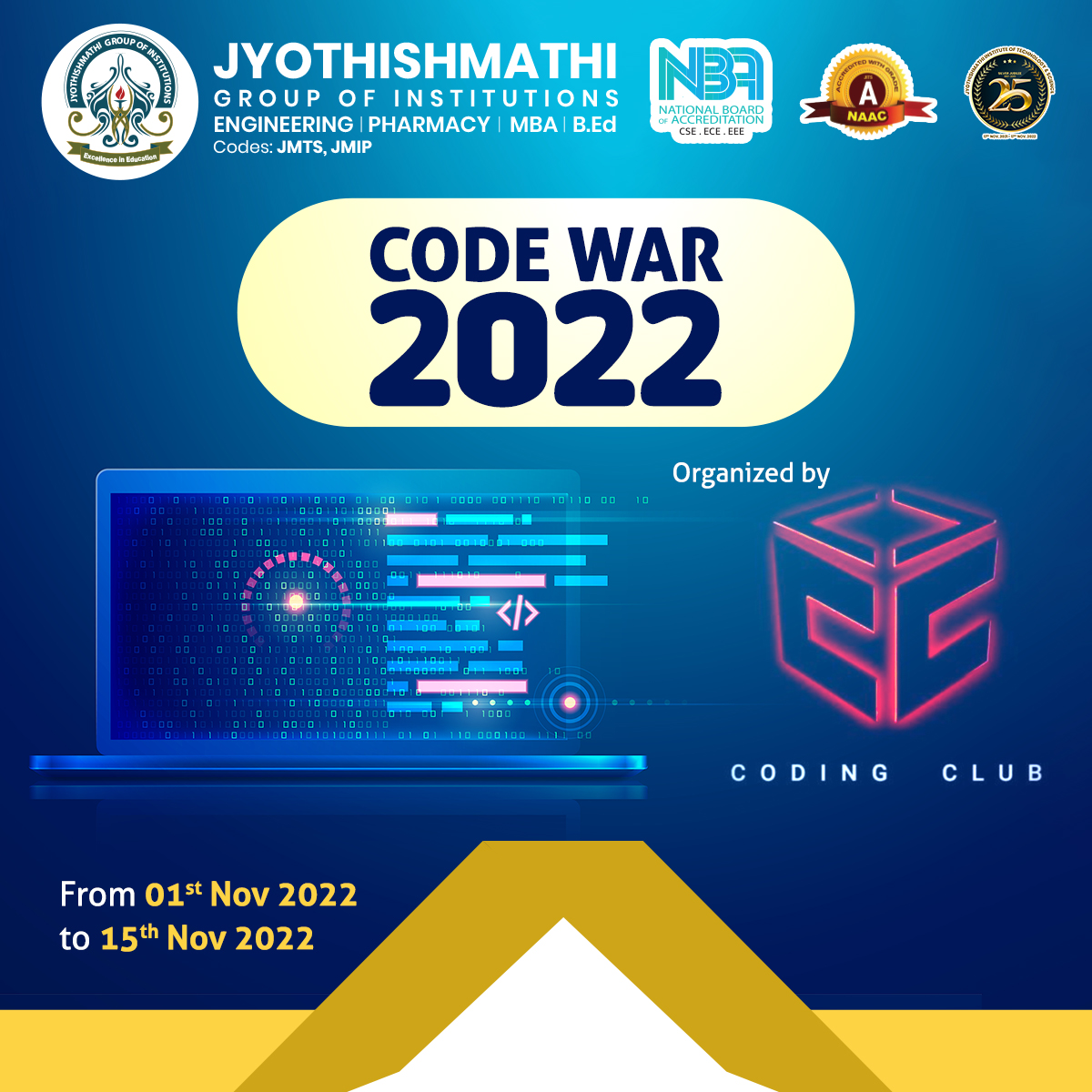 jyothish_mathi's tweet photo. The coding club, JITS is organising code war 2022 from 1st - 15th November 2022
#JITS #CodeWar2022 #Coding #CodeWar #CodingClub #JMTS #JMIP #PharmacyCollegesInKarimnagar #JyothishmathiGroupofInstitutions #KarimnagarEngineeringColleges #EngineeringCollegesInKarimnagar #TopBtech https://t.co/HUT7eMZNTM