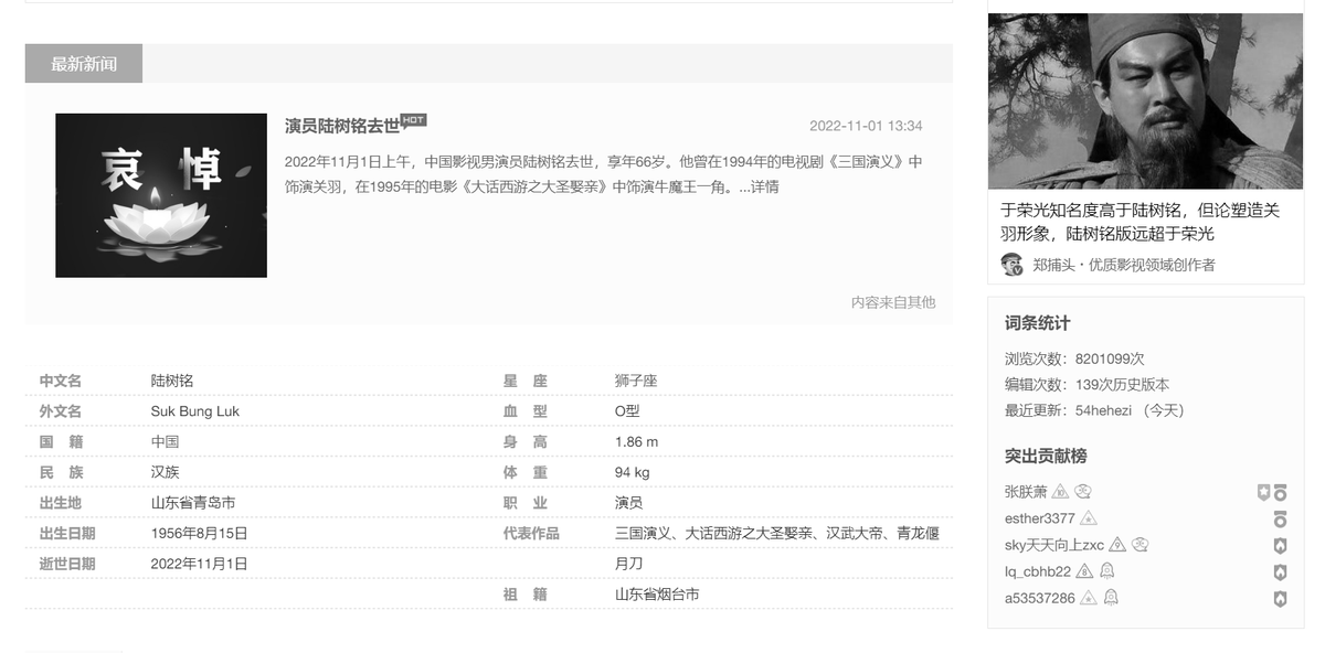悲報！1994年のドラマ『三国志演義』の関羽役を演じた中国俳優の陸樹銘