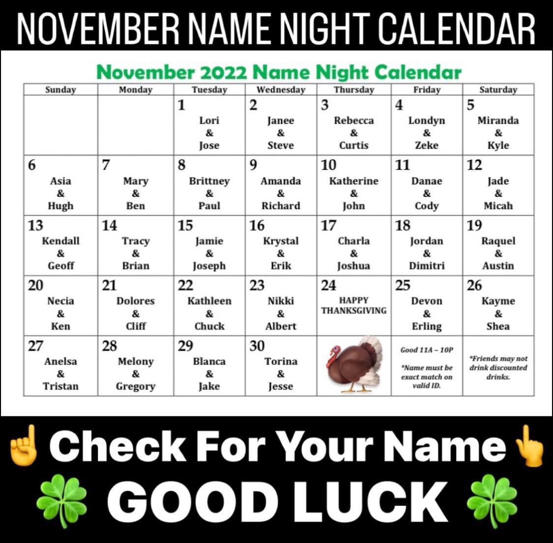 TheGoosesAcre1's tweet photo. Feeling LUCKY? 🍀
#Drinks & #Drafts
@TheGoosesAcre1
$.25 #WellDrinks🥃
10oz #Domestics🍺
If your name appears on
our #NameNightCalendar
Name must be an exact match
w/your 21+ valid ID/Passport
Only named party is eligible
Good only on the date name is listed from 11AM-10PM https://t.co/CePJ1FUZdP