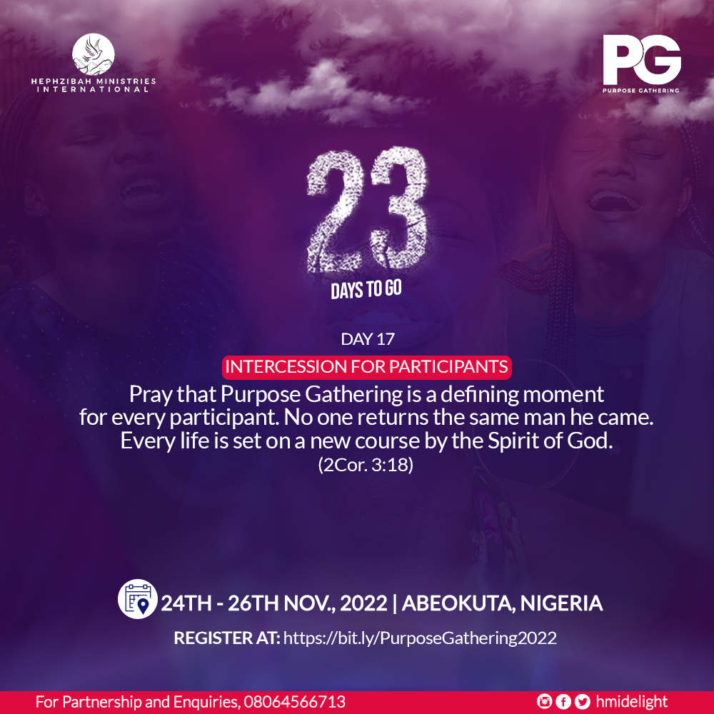 HMIdelight's tweet photo. 23 days to go
Have you registered???
Do it now!
https://t.co/1KhS5v7dX7
#HephzibahMinistriesInternational
#PurposeGathering
#PG22
#Zoe https://t.co/8f5KuAjx1C