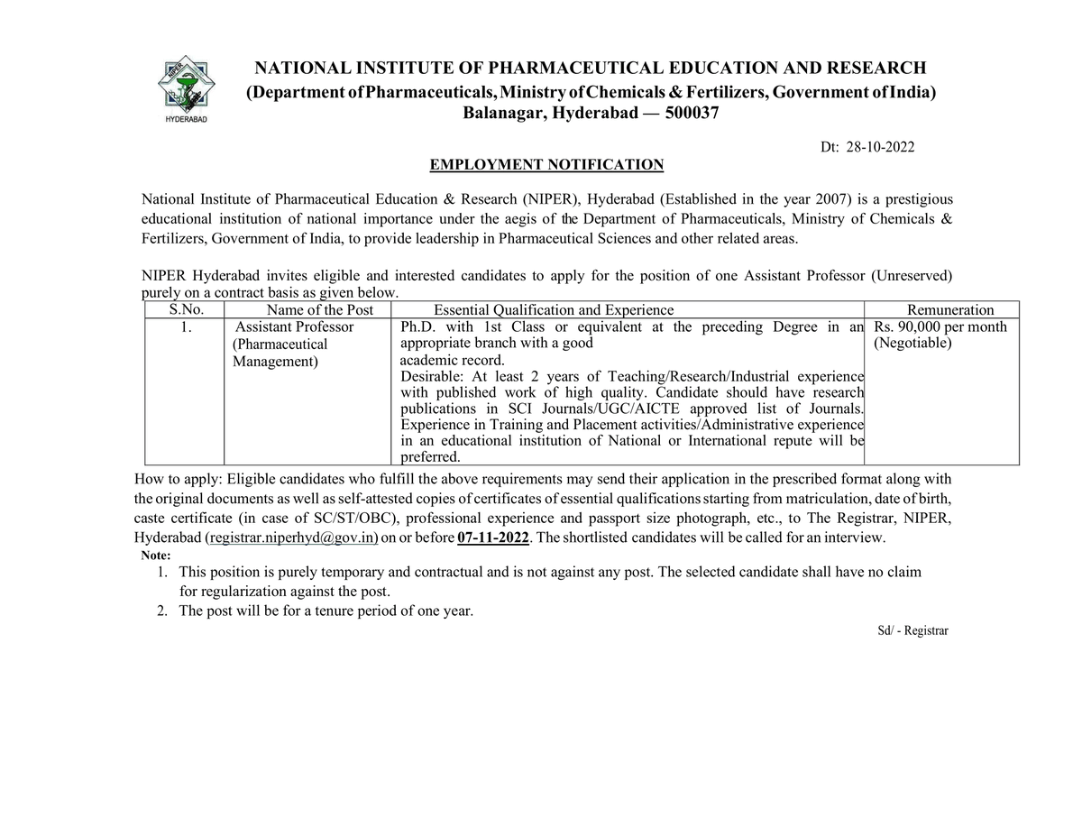 NIPERHyd's tweet photo. #JobAlert
@NIPERHyd invites eligible and interested candidates to apply for the position Assistant Professor #PharmaceuticalManagement purely on a contract basis
@Pharmadept #Pharma #PharmaManagement #MBA #Management #AssistantProfessor https://t.co/QyAraQq6zx