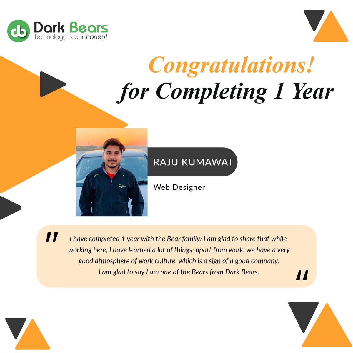 DBWebSolutionss's tweet photo. Congratulations on completing One Year with Dark Bears.
We are grateful to you for all your incredible years of work, and we are proud to have you on our team!
Happy Anniversary, Raju!
#DarkBears #LifeAtDarkBears #WebDesigner #WorkAnniversary #HappyWorkLife #WorkCulture https://t.co/l0HUItZNmt