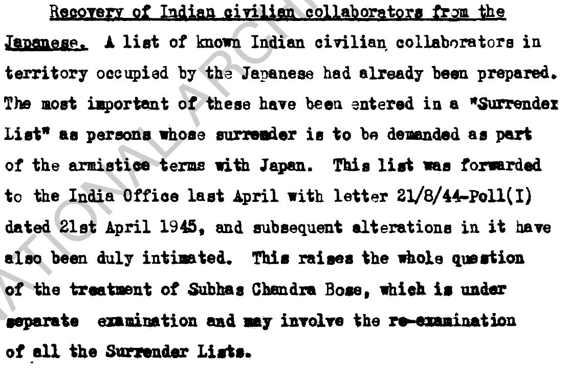 anujdhar's tweet photo. At the close of World War 2, British Indian Govt discussed a "surrender list" of Indians to be recovered from Japan. Subhas Bose was also discussed in this regard. In 1962, Gumnami Baba said that there was a secret protocol which bound India govt to deliver him to Allied justice. https://t.co/u3UwN4HD5U