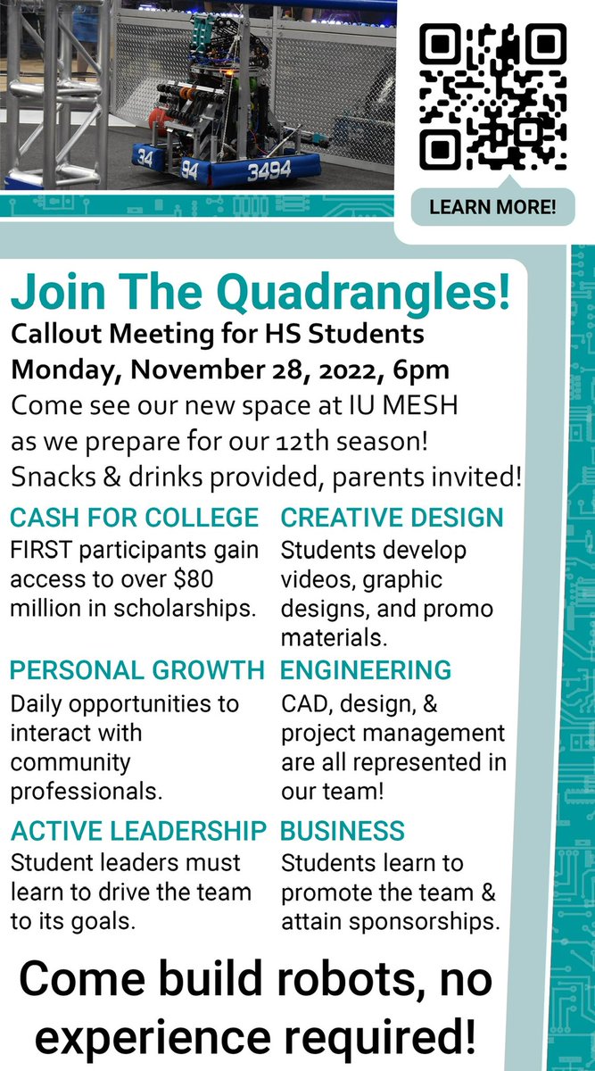 We are looking for new members to join us at our new location for our 12th season of competition! Callout November 28 at 6pm at IU Mesh, links.thequadrangles.org for info