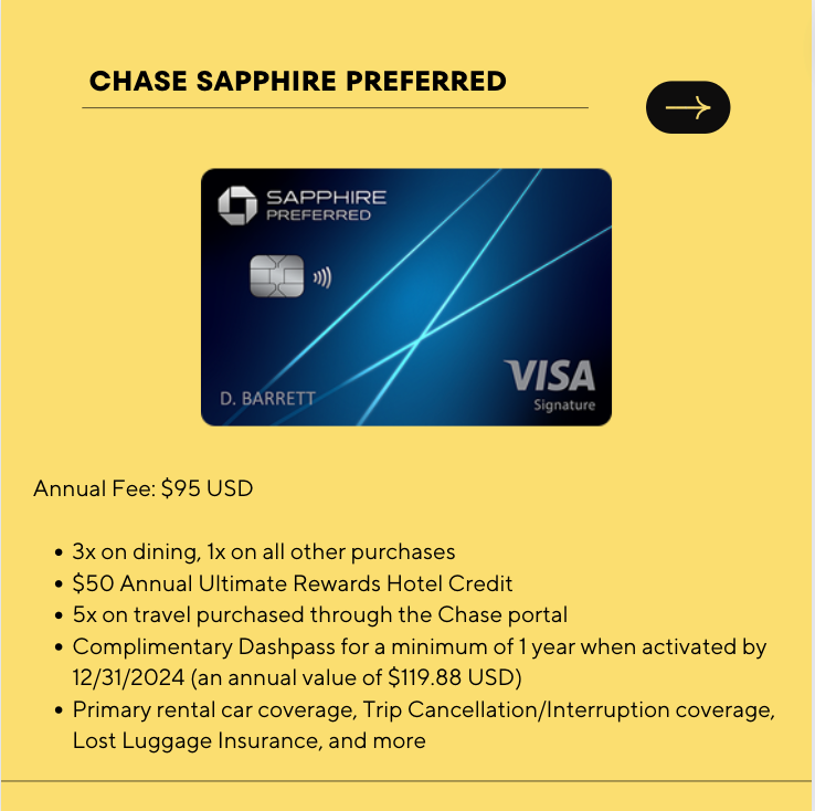 Point2Points_'s tweet image. The Chase Sapphire Preferred card is one of my favorite cards with a low annual fee! I love to use this card for all my dining purposes. The benefits outweigh the cost of this card! Check out my blog for more info! point2points.wordpress.com 

#travel #creditcard #travelhacking