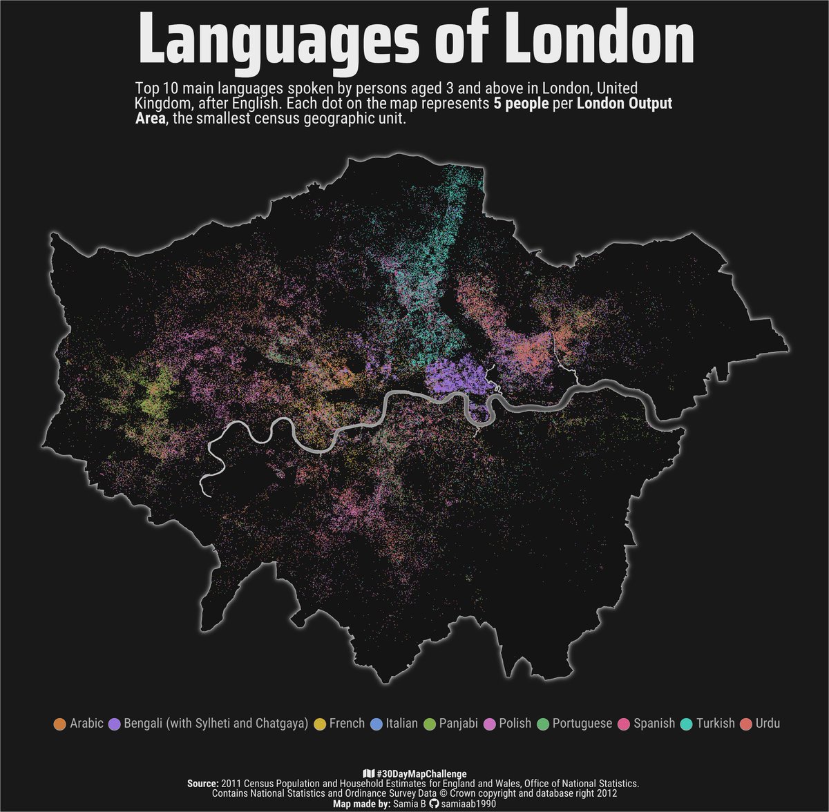 #30daymapchallenge Day 1: Points a dot density map of the top 10 languages spoken in the London, UK. There are over 150,000 points on the map! each point = 5 people made using #RStats #DataVisualization #DataViz #DataScience #GIS #maps