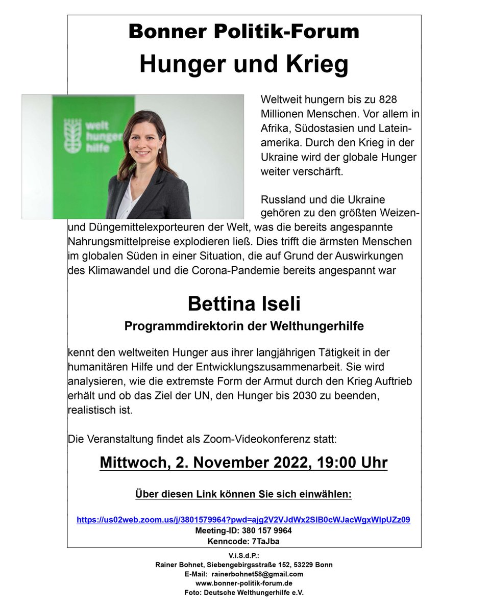 Welthungerhilfe's tweet photo. Welthungerhilfe-Programmdirektorin @bettina_iseli spricht beim morgigen "Bonner Politik Forum" über den Zusammenhang von Hunger und Krieg und darüber, ob das SDG-Ziel #ZeroHunger bis 2030 realistisch ist. @BohnetRainer 

🗓️ Mi., 02.11., 19 Uhr, Zoom
👉 https://t.co/FWFNOV0SYM https://t.co/lwSsOJqe4d
