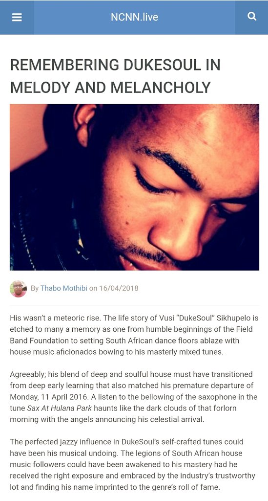 mothibithabo's tweet photo. Happy heavenly birthday Duke Soul. Praying there's a saxophone blowing up there in celebration of your day.
Still proud to have penned this piece in Salute of his talents.
#ripdukesoul #KimberleyTwitter #housemusic #HouseMusicAllLifeLong #music https://t.co/Bfd6iHfO9I