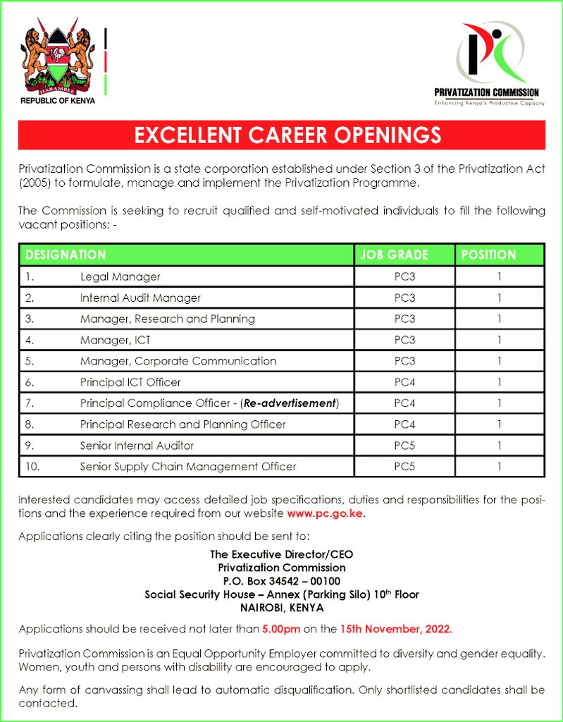 PrivatisationKE's tweet image. We are hiring! Apply by 15th November 2022 if you have the requisite qualifications for any of the advertised positions.
bit.ly/3TW9EmY
#TeamPC #PCFIT