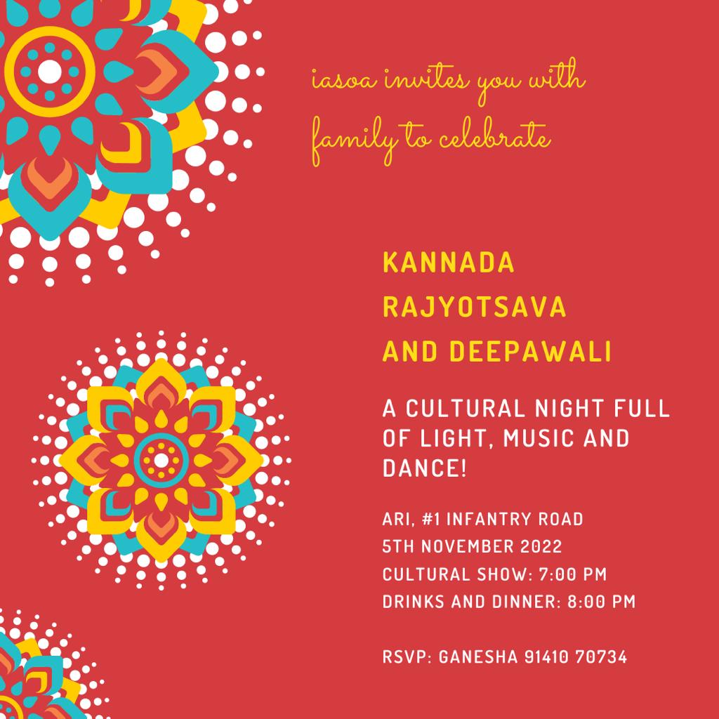 IASOAKarnataka's tweet photo. The IASOA is happy to invite our cadre officers and their family on November 5 at #ARI for #Deepawali and Kannada Rajyotsava celebrations. #ARIForums #KarnatakaRajyotsava2022 https://t.co/nN8kXvJYXy