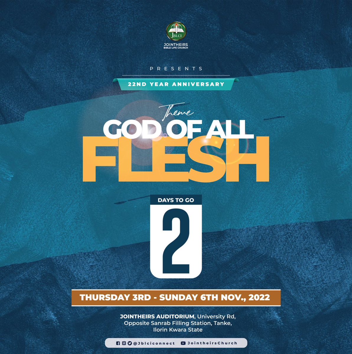 Jblciconnect's tweet photo. Two more days to go!!!!
Come and experience the wondrous power of the “GOD OF ALL FLESH”.
.
.
.
Glory to God!!!
It’s our 22nd year Anniversary! Indeed this is the Lord's doing and it is marvellous in our sight https://t.co/7b6Lg1TCTm