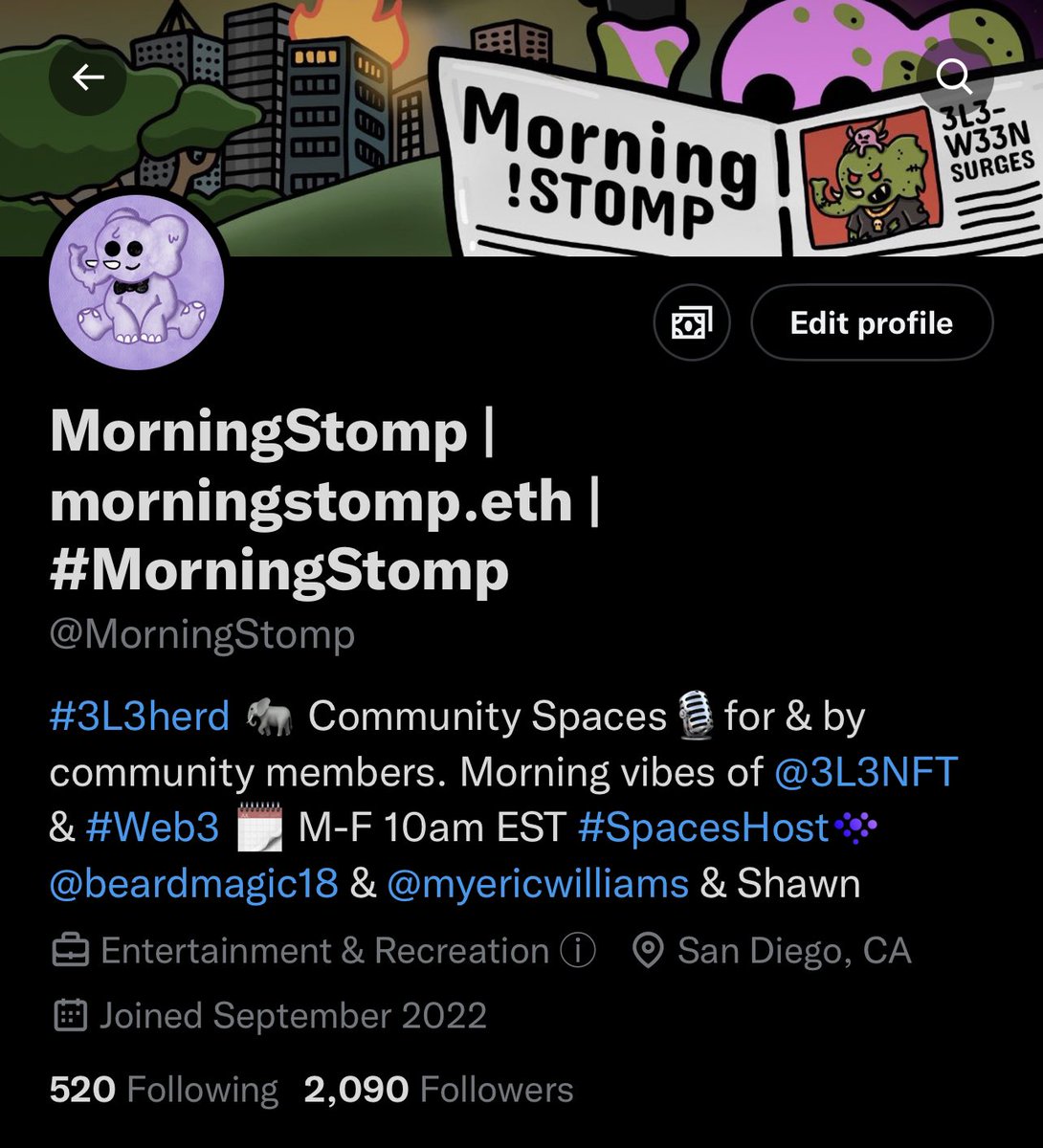 MorningStomp's tweet image. Thank you to #MorningStomp Community &amp;amp;  @3L3NFT team &amp;amp; family. We couldn’t have made 2,000 followers without you 🙏🏼 💜💜💜
