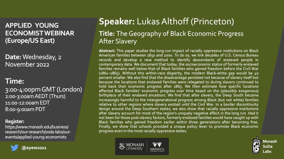 Applied Young Economist Webinar (@ayew2021) on Twitter photo TOMORROW (2 November) on Applied Young Economist Webinar
Join us at 3pm GMT (2am AEDT Thurs) to listen to <a href="/AlthoffLukas/">Lukas Althoff</a> (<a href="/PrincetonEcon/">Princeton Economics</a>)
Sign up for Zoom details: monash.edu/business/soda-… TOMORROW (2 November) on Applied Young Economist Webinar
Join us at 3pm GMT (2am AEDT Thurs) to listen to <a href="/AlthoffLukas/">Lukas Althoff</a> (<a href="/PrincetonEcon/">Princeton Economics</a>)
Sign up for Zoom details: monash.edu/business/soda-…