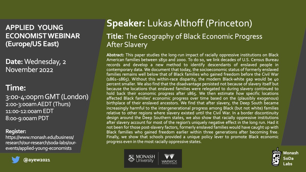 TOMORROW (2 November) on Applied Young Economist Webinar Join us at 3pm GMT (2am AEDT Thurs) to listen to @AlthoffLukas (@PrincetonEcon) Sign up for Zoom details: monash.edu/business/soda-…