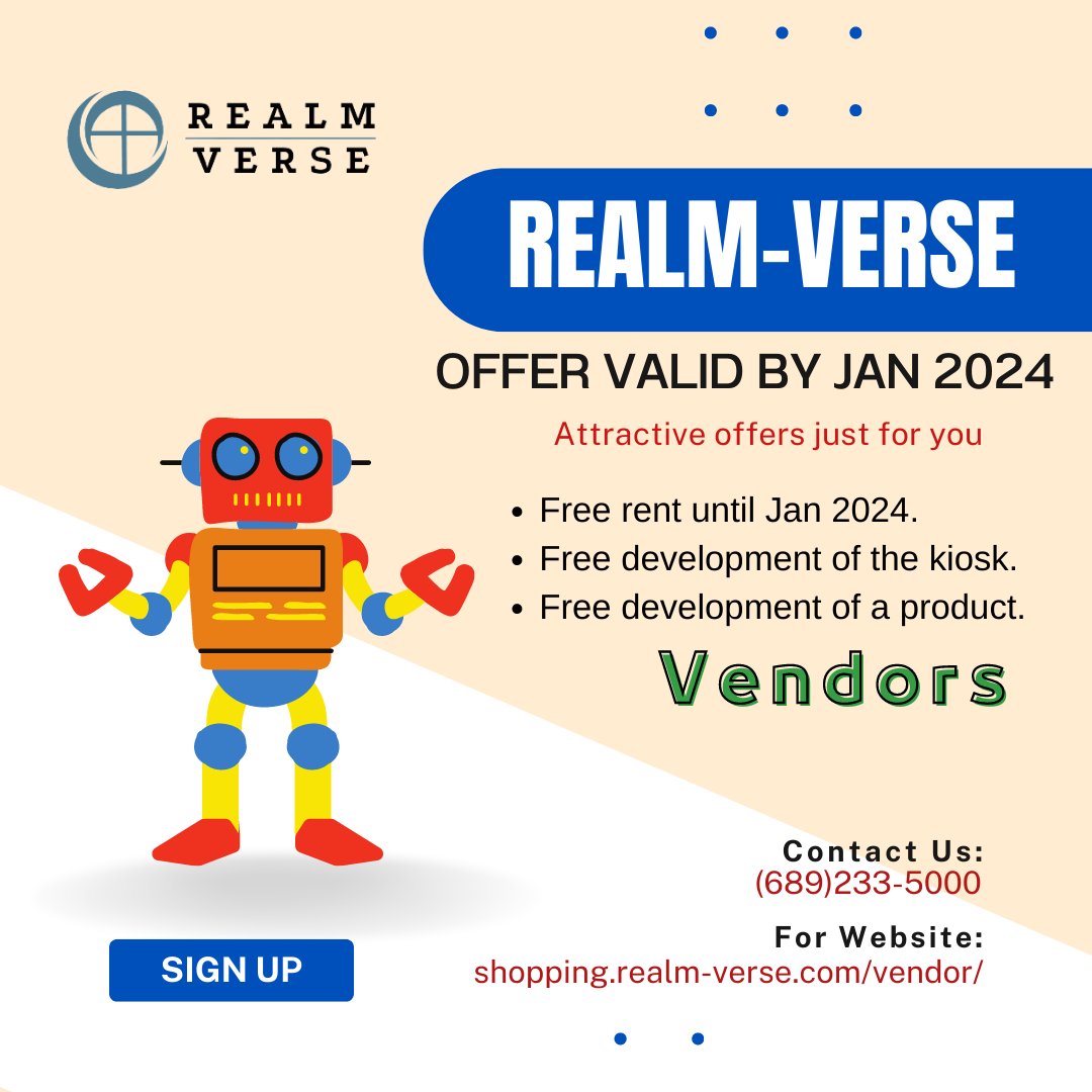 realm_verse's tweet photo. Keep an eye always towards our offers which are valid till Jan 2024 then all will be gone. ―Realm-Verse

Currently offering:

i) Free rent until Jan 2024.
ii) Free development of the #kiosk. 
iii) Free development of a product.

#Realmverse #MallofAmerica #Windermere #FL #Vendors https://t.co/12DWyflPrw