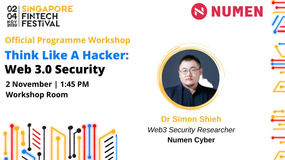 numencyber's tweet photo. For all those who are headed to #SFF22, be sure to check out the workshop: 

[Think Like A Hacker: Web 3.0 Security]

Numen’s very own Dr Simon Shieh will be sharing a little bit about #Web3 Security. 

Thanks once again to @moledao_io for the invitation! https://t.co/EkGxN31Sy1