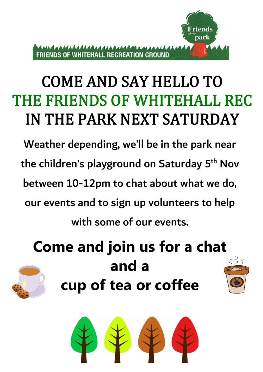 🌳🍂 Come and say hello 👋 
Saturday 5th November
10am - 12, weather dependent 
Near the children's playpark 🌳🌺