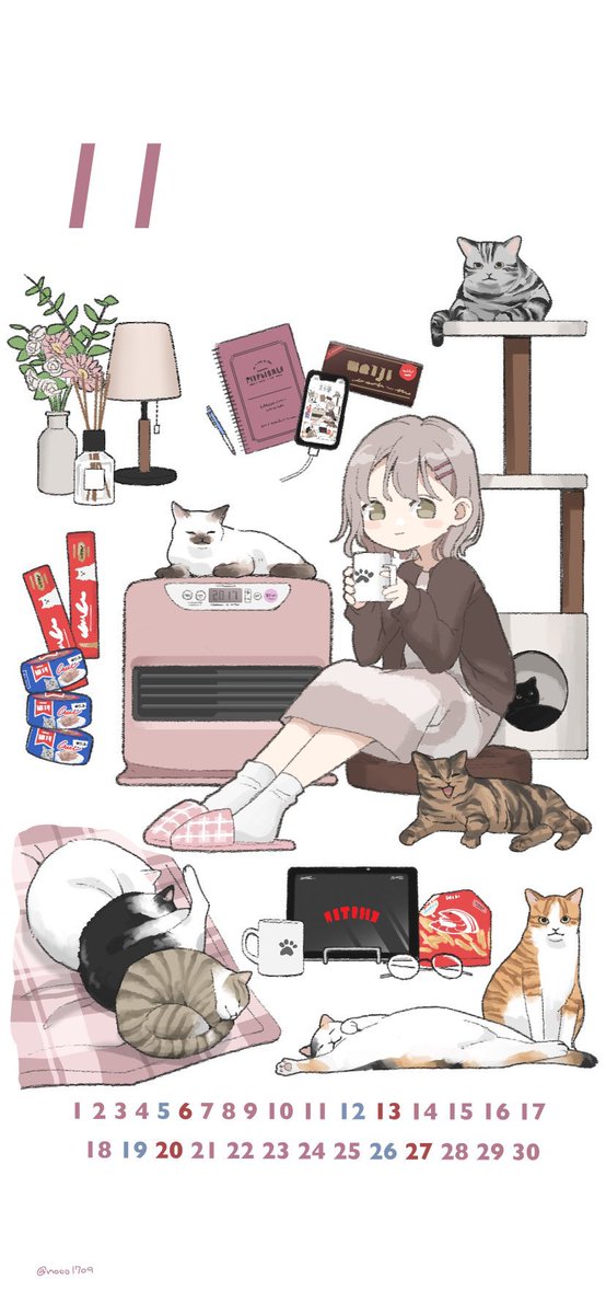 11月のカレンダーです!よかったら壁紙にどうぞ〜〜🐈🐈‍⬛  #イラスト #カレンダー