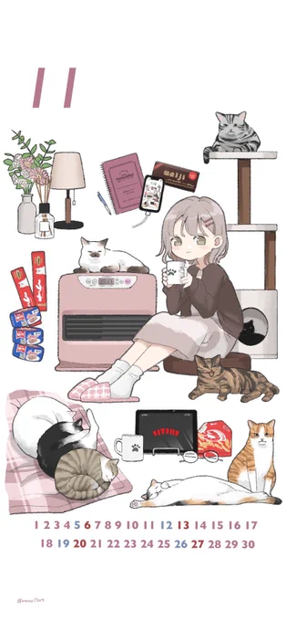 11月のカレンダーです!よかったら壁紙にどうぞ〜〜🐈🐈‍⬛  #イラスト #カレンダー