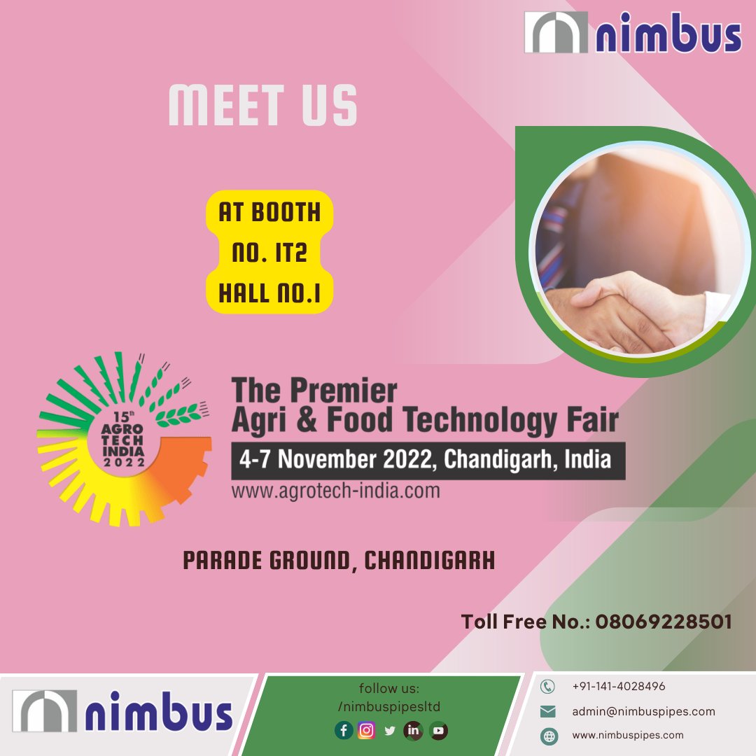 NimbusPipesLtd's tweet photo. Meet us at CII AGRO TECH Chandigarh through 4-7th Nov 2022!!
#PDMC #Horticulture #nimbus #agriculture #Horticulture #Waterproductivity #dripirrigation #sustainability #SKNAU #pauludhiana #HAU #Solan #Jammu #Leh #ladakh #JJM #MICADA #PHED #SoilWaterConservation @PravinLath https://t.co/L7SlMuImRI
