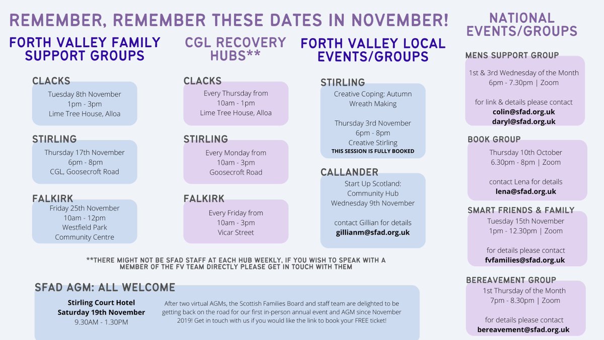 Remember, Remember these dates for November! 

There are lots of support groups and upcoming events for everyone to get involved in this month; use the contact information below to find out more details!  

#ForthValleyFamilySupportService