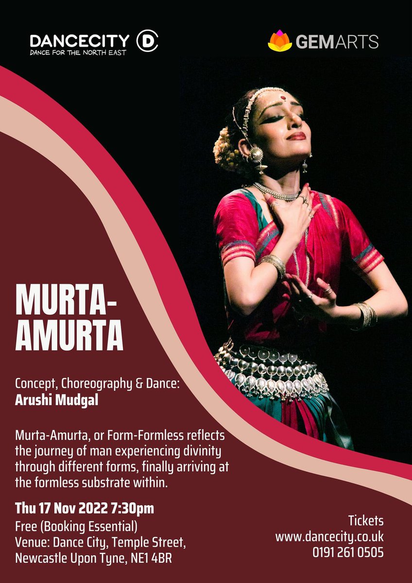 Dance City and GemArts cordially invite you and friends to Murta Amurta by one of India's leading exponents of Odissi, Arushi Mudgal. Tickets are free for this event to celebrate Diwali this year. For more info: dancecity.co.uk 17th November at 7.30pm @dancecity