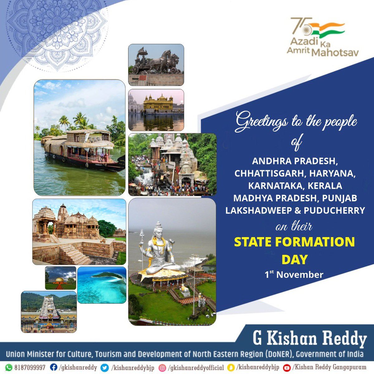 Greetings to the people of Andhra Pradesh, Chhattisgarh, Haryana, Karnataka, Kerala, Madhya Pradesh, Punjab, Lakshadweep, and Puducherry on their formation day.  My best wishes for peace and prosperity of these states & union territories.