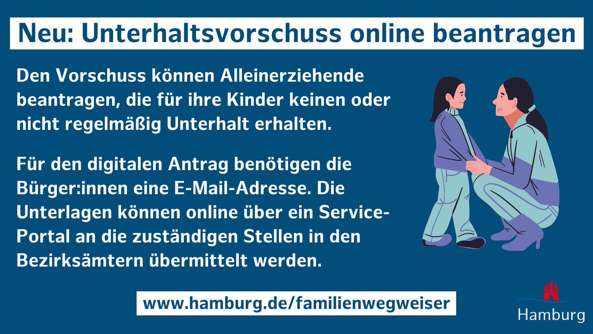 sozialbehoerde's tweet photo. Der Unterhaltsvorschuss soll die finanzielle Lebensgrundlage von Kindern sichern und Alleinerziehende entlasten. Der Vorschuss, der nun auch digital beantragt werden kann, ist eine wichtige Maßnahme gegen Kinderarmut. ℹ️  https://t.co/ZVBM4vmnc0 https://t.co/iv5ofw3XRv