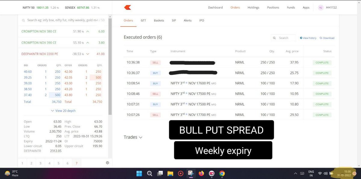SreejuSDR's tweet photo. NIFTY Weekly OPTION SELLING
Capital Used : 48 k
Profit % : 1.8
Strategy : Bull Put Spread
#niftyOptions #optionselling #lowcapital https://t.co/DcES676bCr