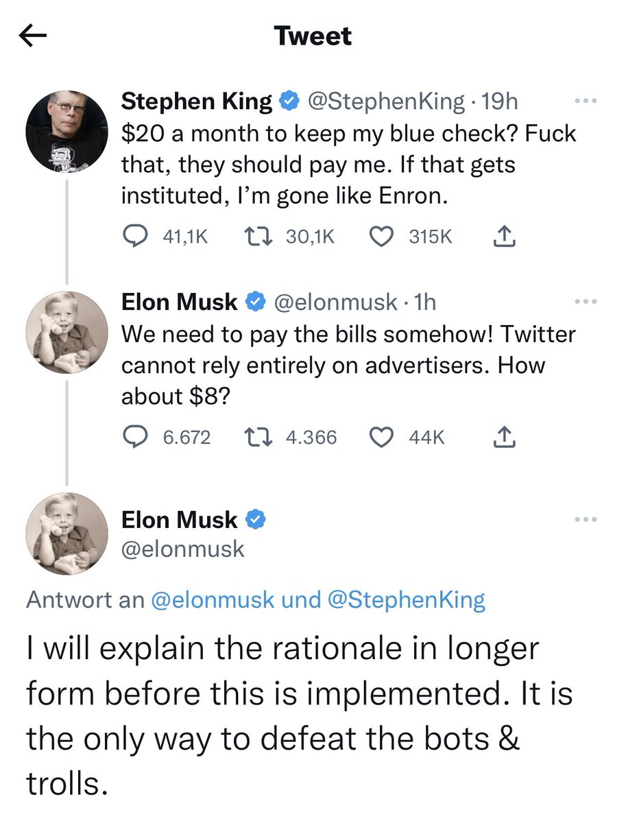 Kann mir wer erklären, wie eine Gebühr für ein blaues Hakerl gegen Bots und Trolle helfen soll?
Ich habe noch nie einen Bot-Account mit Hakerl gesehen und eher wenige Trolle. Oder redet der Chief Twit über eine Gebühr für alle hier?