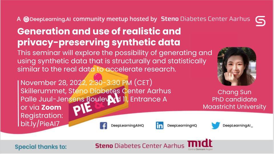 Adam Hulman (@adamhulman) on Twitter photo We're looking forward to welcoming Chang Sun (<a href="/UM_IDS/">UMIDS</a>) at <a href="/StenoAarhusRes/">Research @ Steno Diabetes Center Aarhus</a> later this month. Her research visit is sponsored by @DataScienceDK 🙏 She'll present her research on synthetic data & GANs at Pie & AI: Aarhus (hybrid seminar)🥧
Registration open:
eventbrite.com/e/pie-ai-aarhu… We're looking forward to welcoming Chang Sun (<a href="/UM_IDS/">UMIDS</a>) at <a href="/StenoAarhusRes/">Research @ Steno Diabetes Center Aarhus</a> later this month. Her research visit is sponsored by @DataScienceDK 🙏 She'll present her research on synthetic data & GANs at Pie & AI: Aarhus (hybrid seminar)🥧
Registration open:
eventbrite.com/e/pie-ai-aarhu…