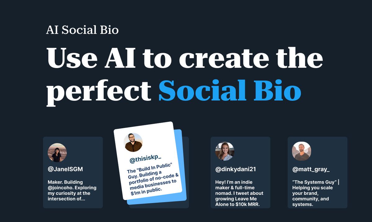 We're live! 🚀 <a href="/MrMarcFletcher/">Marc</a> and I just launched AI Social Bio on @producthunt

Use AI 🤖 to create your perfect social media bio 

Inspired from the best Twitter bio's

Could you help us out with some support? 🙏🏼 ❤️
producthunt.com/posts/ai-socia…