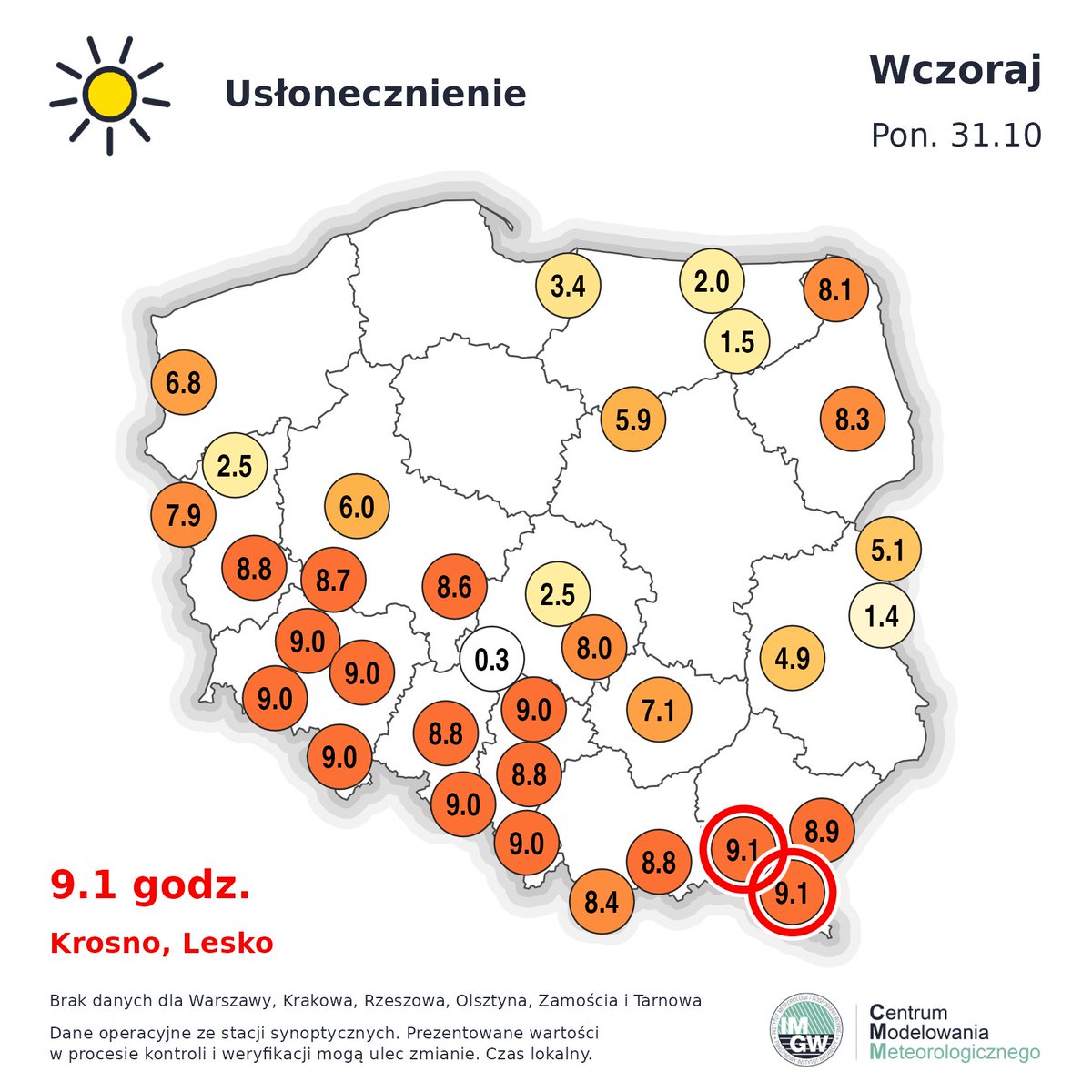 Usłonecznienie za ostatnią dobę. Gdzie było najwięcej słońca. #pogoda #usłonecznienie #wczoraj #IMGWCMM