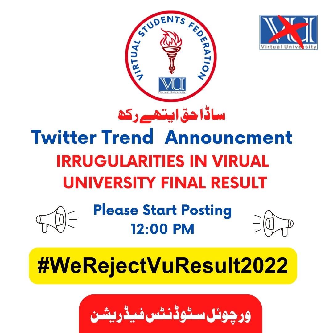 virtualstdntfed's tweet photo. It's unfair and unacceptable to seeing 90% of students failing due to the new policy of VU that are not informed earlier.

#WeRejectVuResult2022 
@VUPakistan 
@ArifAlvi https://t.co/bwc2GcuQRV