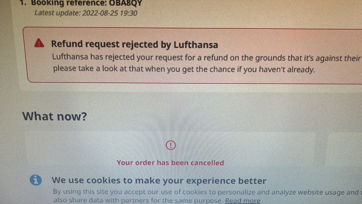 danielle_gjones's tweet photo. @lufthansa please tell me how you can reject a refund for a flight that YOU CANCELLED due to staff strikes? This flight was from July and we are still battling to get a refund despite the fact you cancelled the flight with 24 hours notice, this is a joke!!! https://t.co/u5CiiVklnF