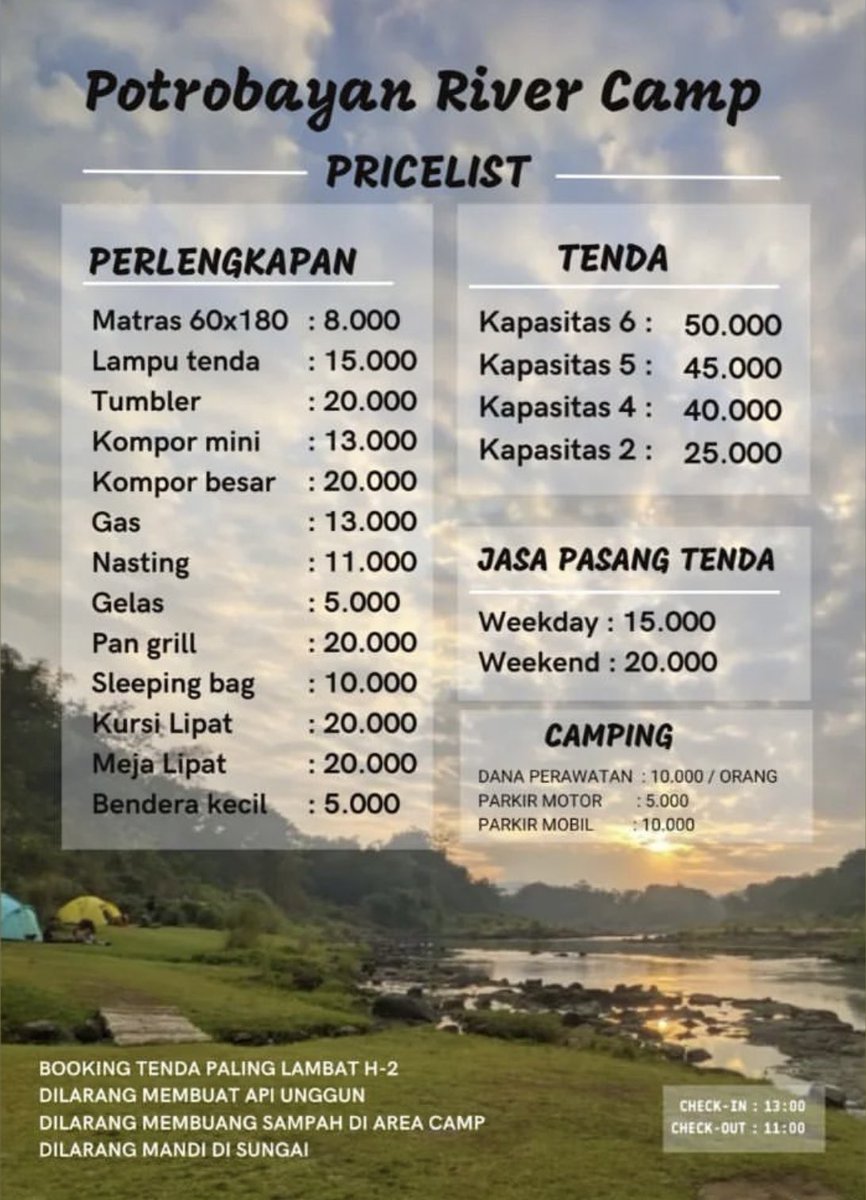 Peralatannya kalo aku kemarin sebagian ada yang bawa sendiri/sewa di luar, tp kalo kalian males nyari2 di luar juga bisa sewa di lokasi. Tp kudu booking dulu ya kalo mau sewa. Ini daftar harga sewa alatnya: