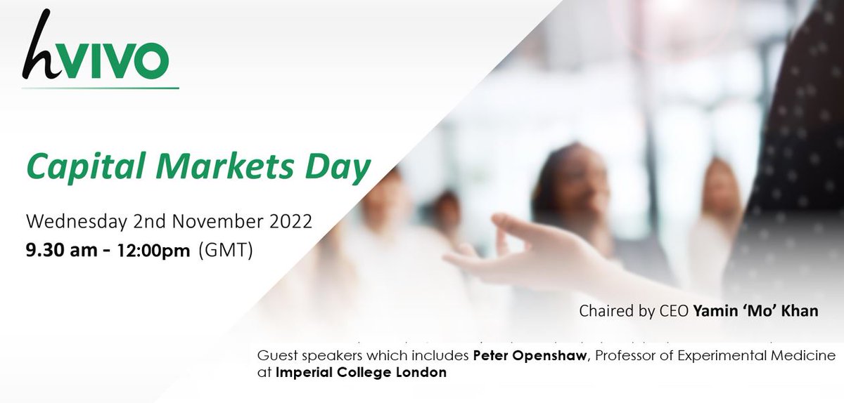 hVIVO (@hvivo_uk) on Twitter photo Reminder we are holding a Capital Markets Day tomorrow at 9.30 am - 12.00 pm.
🧑Chaired by our #CEO
🔬 Insights into the business
📈 Human challenge trials & the growing market
🗣️ Guest speakers, including <a href="/p_openshaw/">Peter Openshaw</a>
❓ Q&A with management
Register:
stream.brrmedia.co.uk/broadcast/634f… Reminder we are holding a Capital Markets Day tomorrow at 9.30 am - 12.00 pm.
🧑Chaired by our #CEO
🔬 Insights into the business
📈 Human challenge trials & the growing market
🗣️ Guest speakers, including <a href="/p_openshaw/">Peter Openshaw</a>
❓ Q&A with management
Register:
stream.brrmedia.co.uk/broadcast/634f…