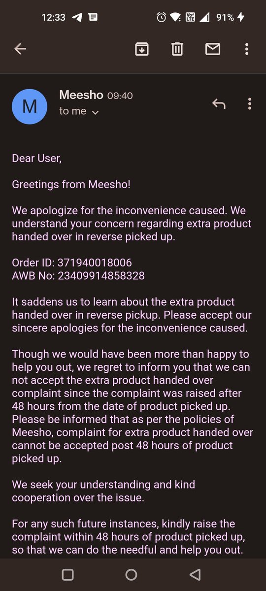TrenzDelicious's tweet photo. @Meesho_Official @consumercourtin @jagograhakjago @CyberGujarat
Ordered n return the same product, refund processed for 1 m for other they say will not help as complaint was after 48hrs, all information attached. no one is helping. Please assist https://t.co/ElA5awqkhM