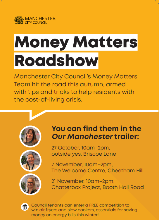 Monday 7th November at the Welcome Centre. Free delicious food from @feedmycity_mcr & money advice from @ManCityCouncil 10am to 2pm - no need to book, just turn up #CostOfLivingCrisis #money #advice #support #food