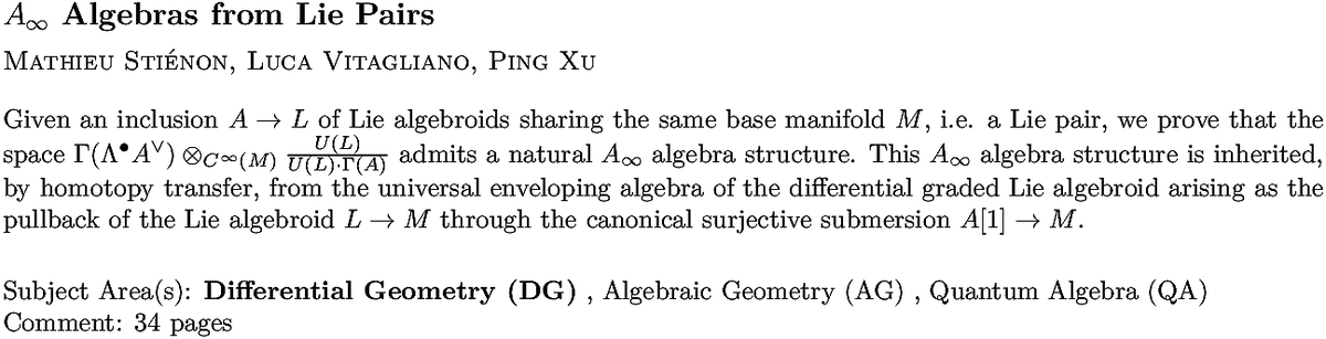 arxiv.org/abs/2210.16769…
M Stiénon et. al.
$A_\infty$ Algebras from Lie Pairs