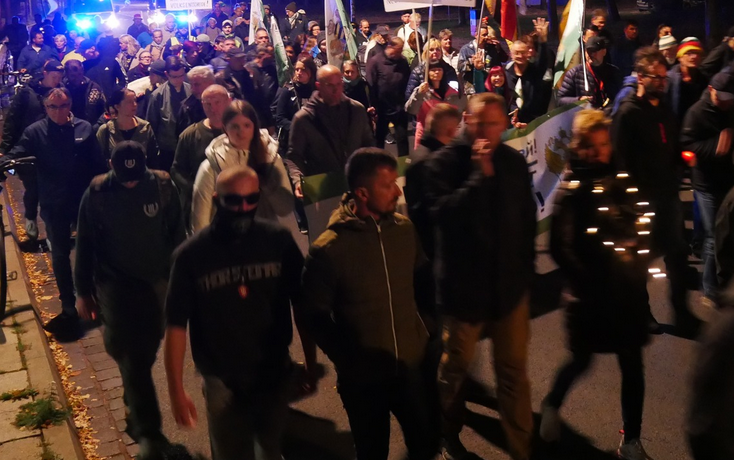 utopisdde's tweet photo. Anbei noch zwei weitere Eindrücke vom verschwörungsideologischen und rechten Dresdner Montagsmob, u.a. mit vermummten Steinar-Nazi vor "III. Weg"-Kameraden und AfD-Banner gegen sog. "Sozialsystem-Migranten".
#dd3110 https://t.co/1JHJHIZojl