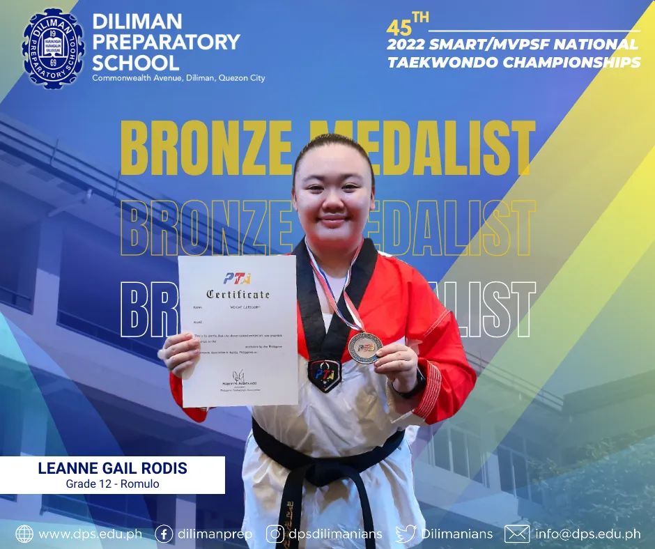 Dilimanians's tweet photo. OUR STUDENTS, OUR PRIDE

Congratulations to the following students who won in the recently concluded 45th 2022 SMART/MVPSF Taekwondo Championships that was held last September 3-4, 2022, at Ayala Malls, Manila Bay.

DPS is so proud of you!

#ExcitedForTomorrow https://t.co/sD3vPY0QZg