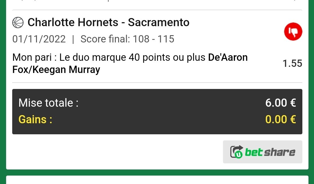 Bonjour <a href="/UnibetFrance/">Unibet France 🔞</a> serait-il possible de rembourser le pari d'hier soir concernant De'Aaron Fox, il n'a joué que 9 mn contrairement aux 12 pour ne pas annuler le pari (<a href="/WinamaxSport/">Winamax Sport 🔞</a> ont été cool, ils l'ont fait)