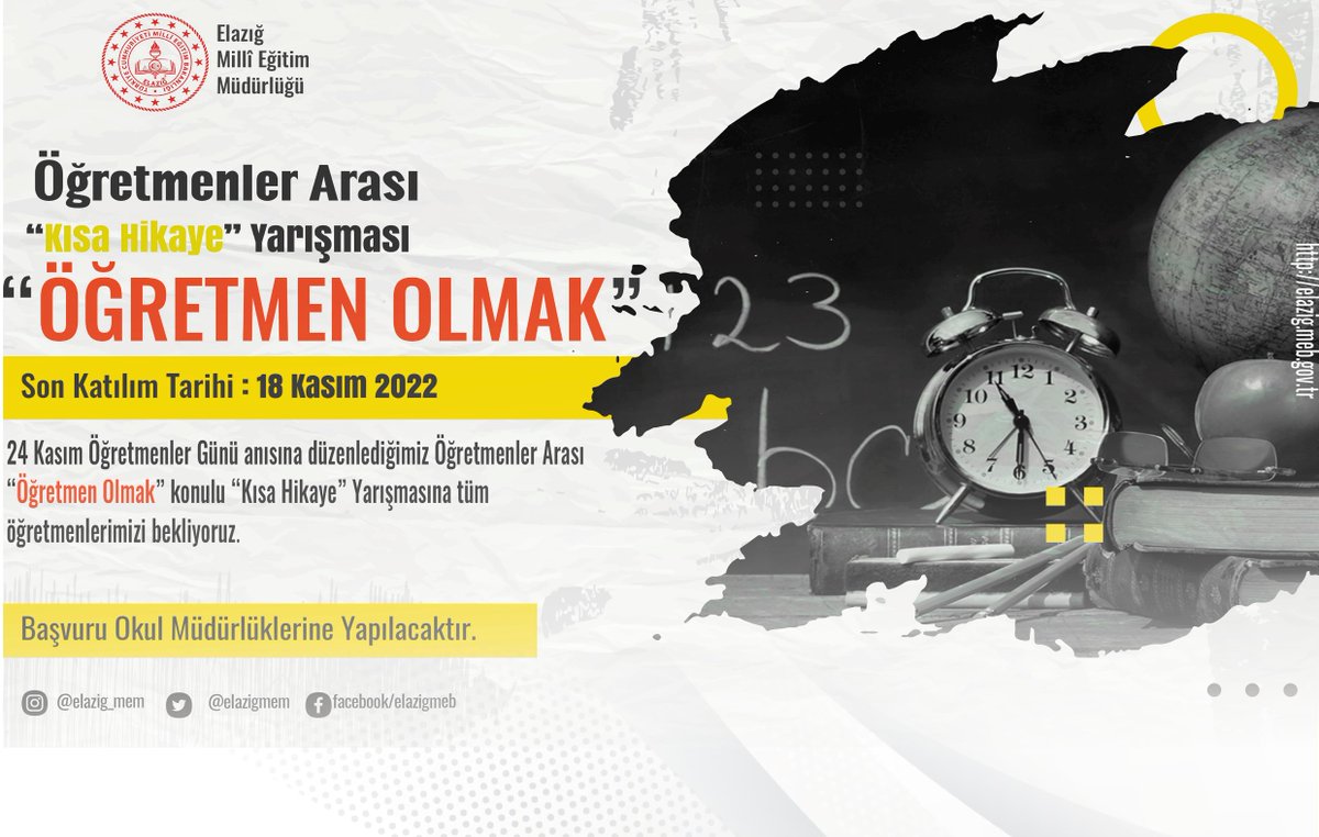 24 Kasım Öğretmenler Günü münasebetiyle müdürlüğümüz tarafından düzenlenen "Öğretmen Olmak" konulu kısa hikaye yarışmasına tüm öğretmenlerimizi bekliyoruz. 🖋️<a href="/tcmeb/">Millî Eğitim Bakanlığı</a> <a href="/omertoraman25/">Ömer Toraman, Doç. Dr.</a> <a href="/mehmetyigitmem/">Mehmet YİĞİT</a>