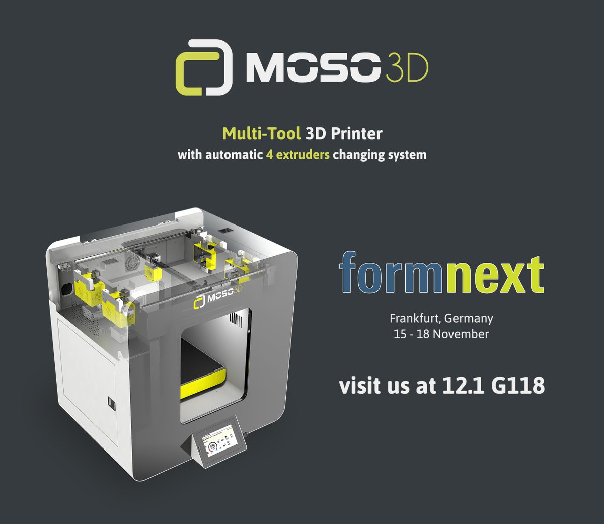 Moso3D's tweet photo. The final countdown is here! Within 2 weeks we'll be delivering the best quality #3Dprinting tools at @formnext_expo 
Are you coming to Germany, too? Don't be shy and come by to say hello - and discover our 4 extruder tool changer #3Dprinter #Moso3D https://t.co/hONkUd88Es